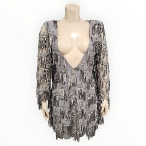 FOR LOVE & LEMONS Gray Silver Etoile Sequin Fringe Low Plunge Cocktail Dress L